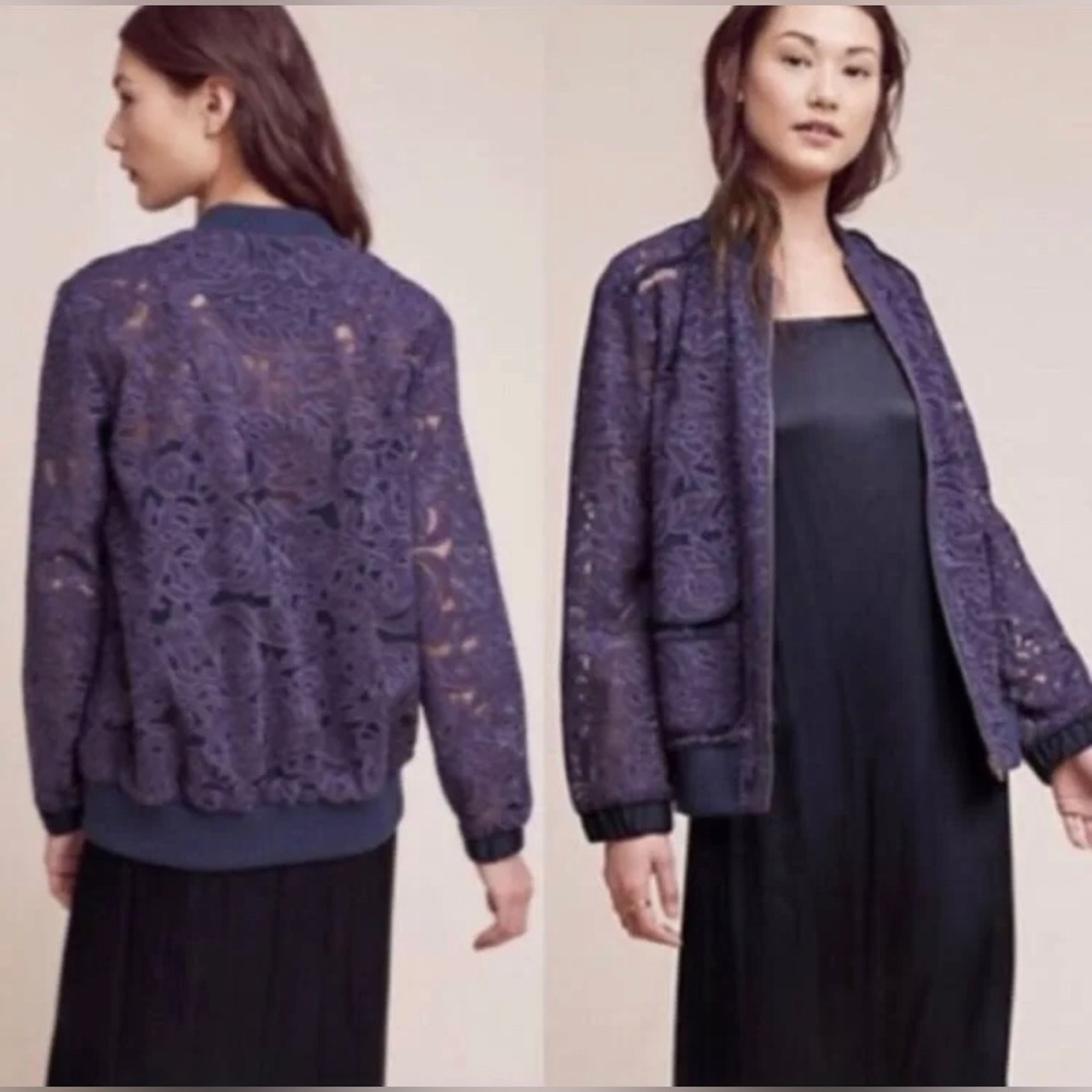 Anthropologie Elevenses Women's Miranda Lace Navy Full Zip Bomber Jacket S
